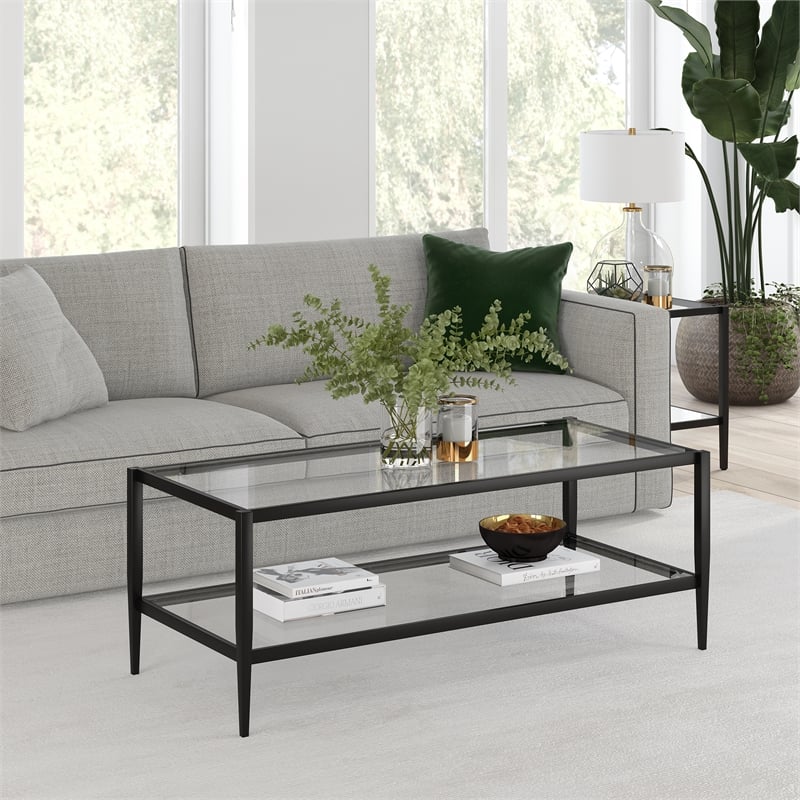 Henn&Hart Mid Century Metal Frame Coffee Table in Black and Bronze w/Glass Top