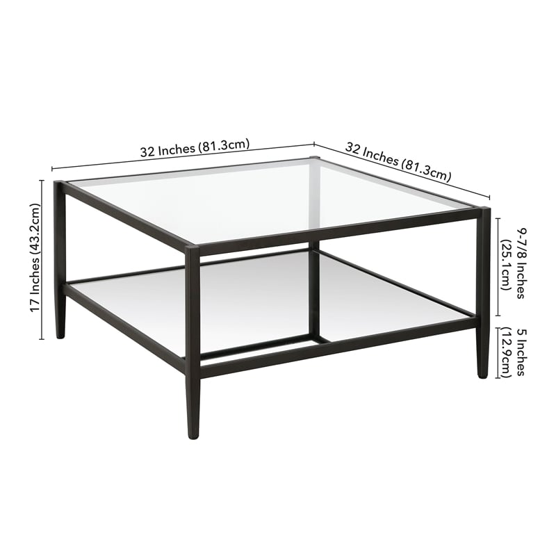Henn&Hart Modern Square Coffee Table in Black and Bronze with Mirrored Shelf
