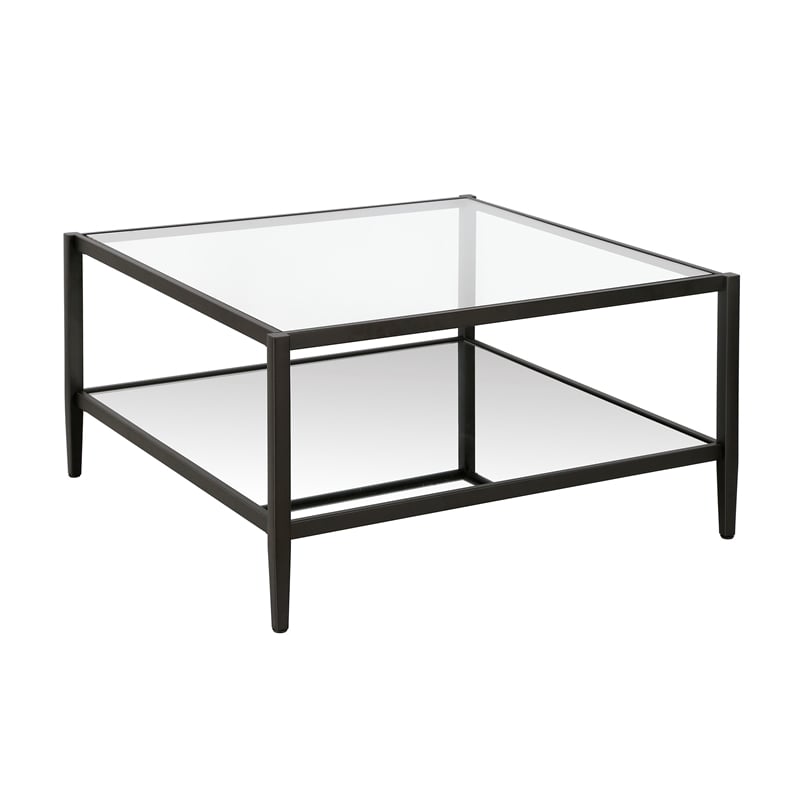 Henn&Hart Modern Square Coffee Table in Black and Bronze with Mirrored Shelf