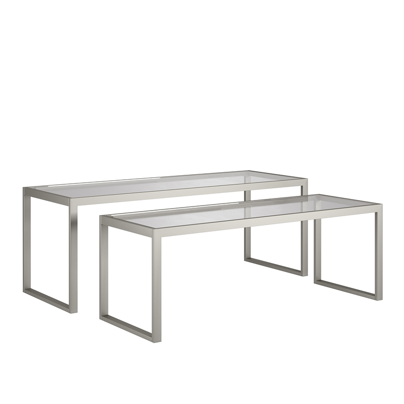 Henn&Hart Metal Rectangle Nested Coffee Table in Nickel/Gray with Glass Top
