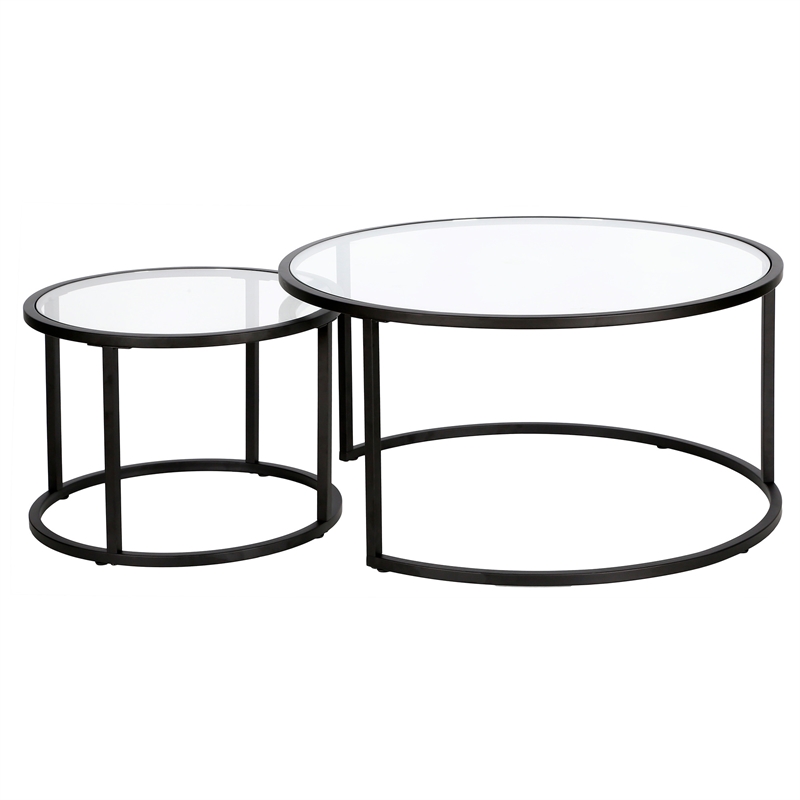 Henn&Hart Metal Double Nested Round Coffee Table in Black with Glass Top