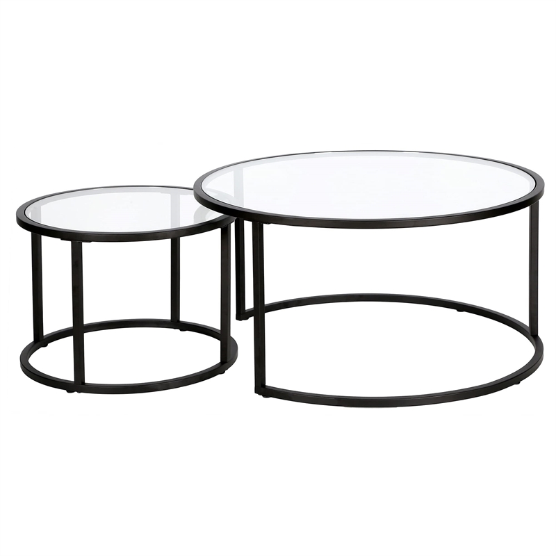 Henn&Hart Metal Double Nested Round Coffee Table in Brass with Glass Top