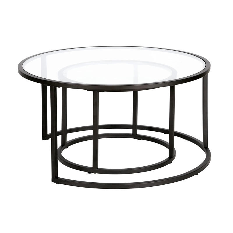Henn&Hart Metal Double Nested Round Coffee Table in Brass with Glass Top