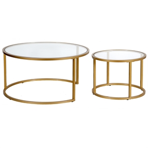 henn&hart metal double nested round coffee table in brass with glass top