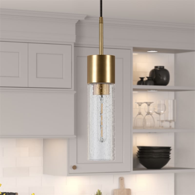 Henn&Hart Industrial Metal Brass and Gold Pendant with Seeded Glass Shade