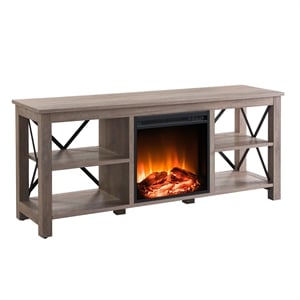 henn&hart 2 door modern farmhouse wooden tv stand with log fireplace insert
