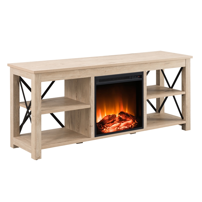 Henn&Hart White Oak TV Stand with Log Fireplace Insert Cymax Business