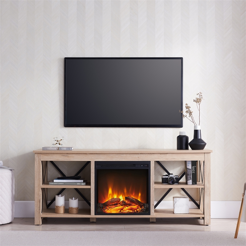 Henn&Hart White Oak TV Stand with Log Fireplace Insert Cymax Business