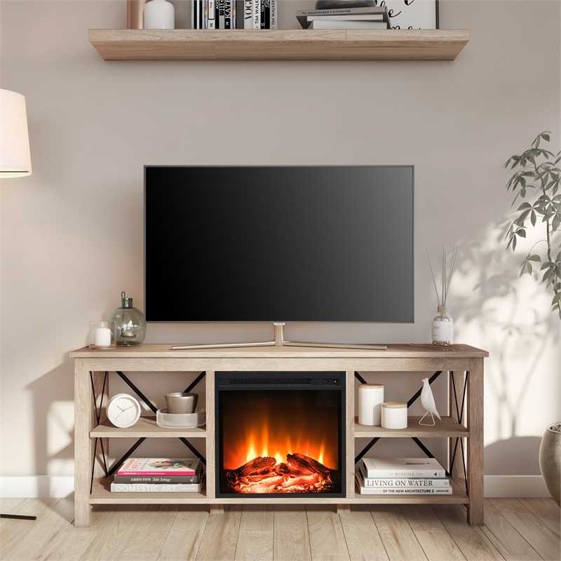 Henn&Hart White Oak TV Stand with Log Fireplace Insert Cymax Business