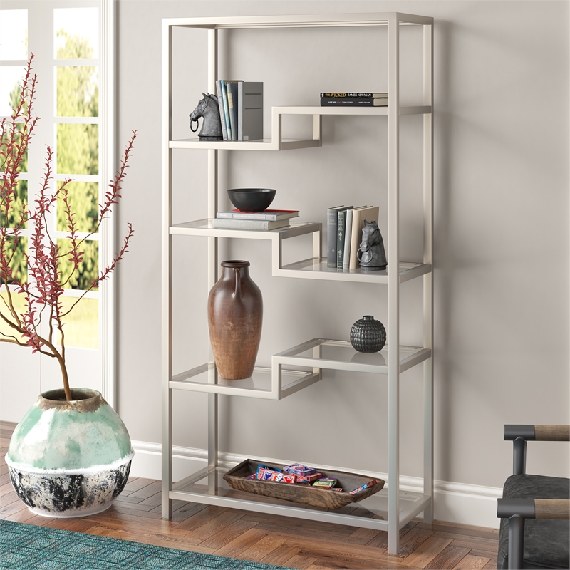 Henn&Hart 68 in. Satin Nickel Metal Bookcase