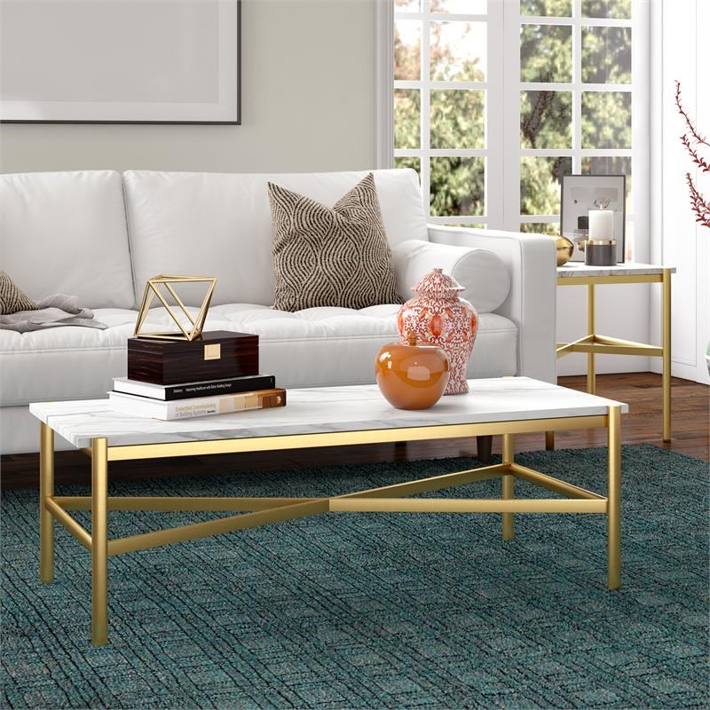 Henn&Hart Gold Finish Coffee Table with Faux Marble Top