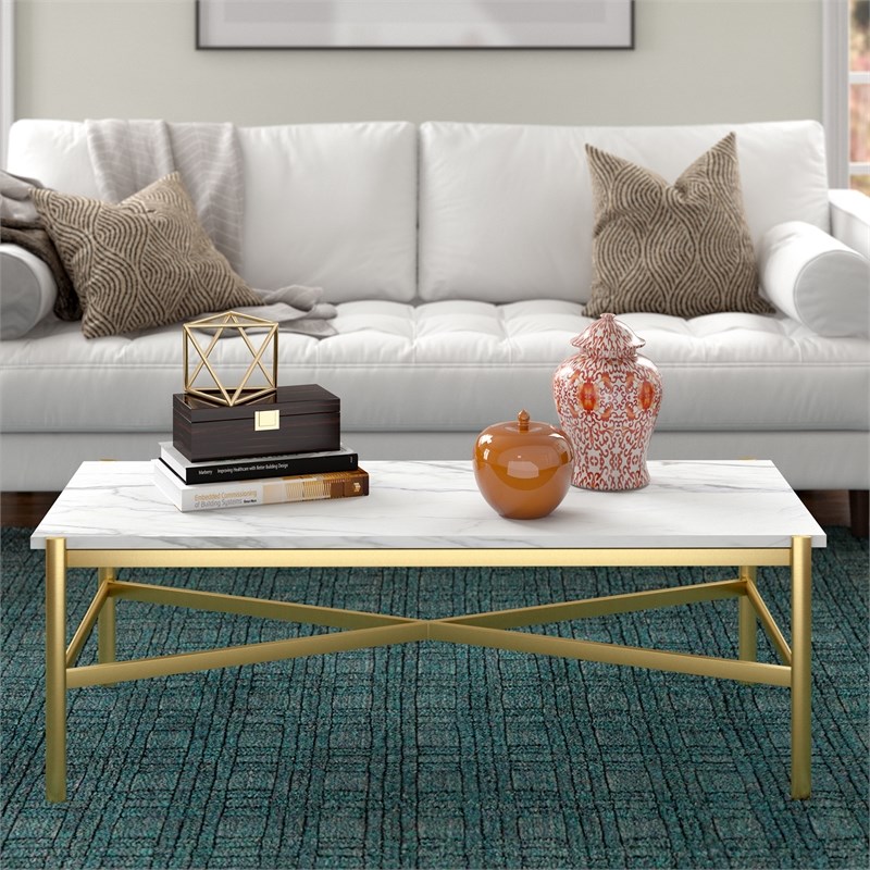 Henn&Hart Gold Finish Coffee Table with Faux Marble Top