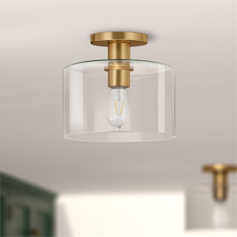 Henn&Hart Brass Finish Semi Flush Mount Ceiling Light with Clear Glass Shade
