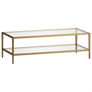 henn&hart 54 in. antique brass finish coffee table with clear glass shelf