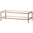 Henn&Hart 54 in. Antique Brass Finish Coffee Table with Clear Glass Shelf