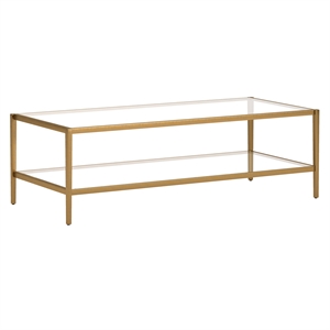 henn&hart 54 in. antique brass finish coffee table with clear glass shelf