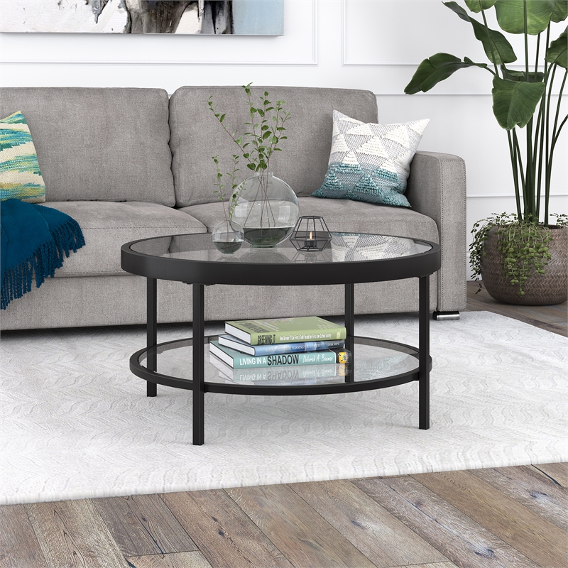 Henn&Hart 36" Wide Round Coffee Table With Glass Top In Blackened