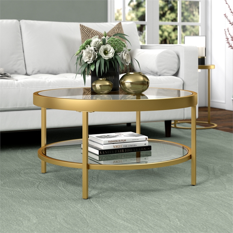 Henn&Hart 32" Brass Finish Metal/Glass Coffee Table