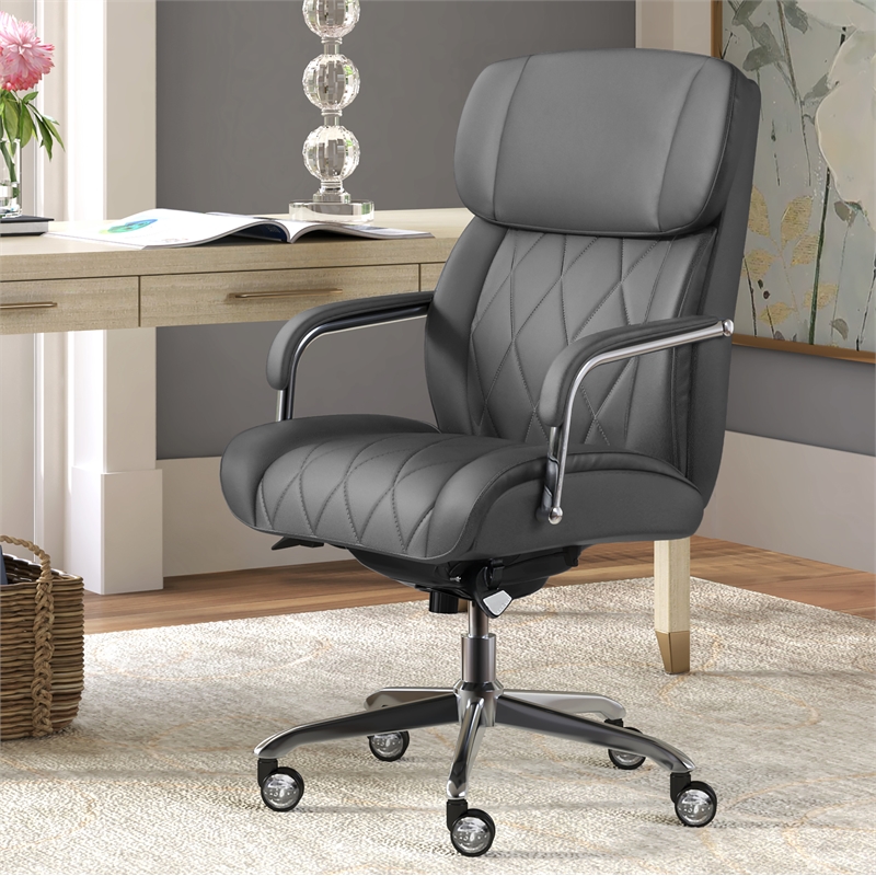 La-Z-Boy Sutherland Bonded Leather Office Chair w/Padded Arms in Moon Rock Gray