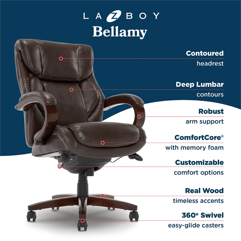 La-Z-Boy Bellamy Executive Office Chair with Memory Foam Brown Bonded Leather