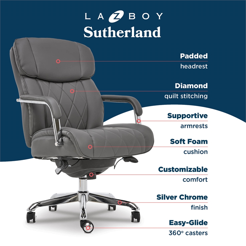 La-Z-Boy Sutherland Quilted Leather Executive Office Chair Grey Bonded Leather