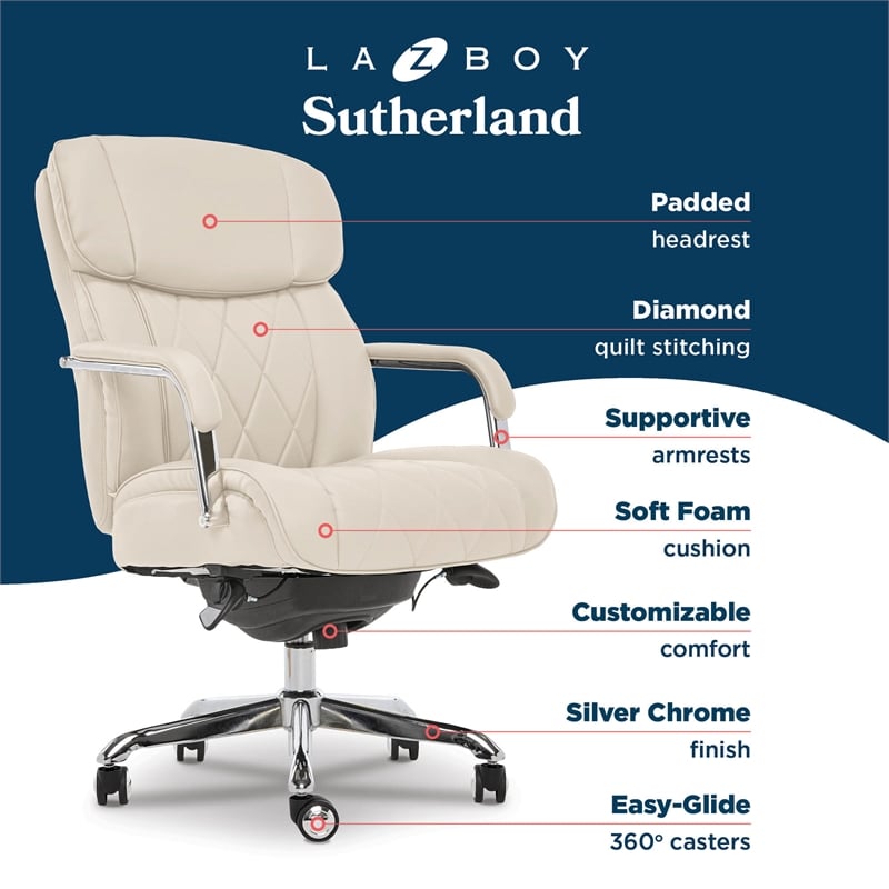 La-Z-Boy Sutherland Quilted Leather Executive Office Chair Ivory Bonded Leather