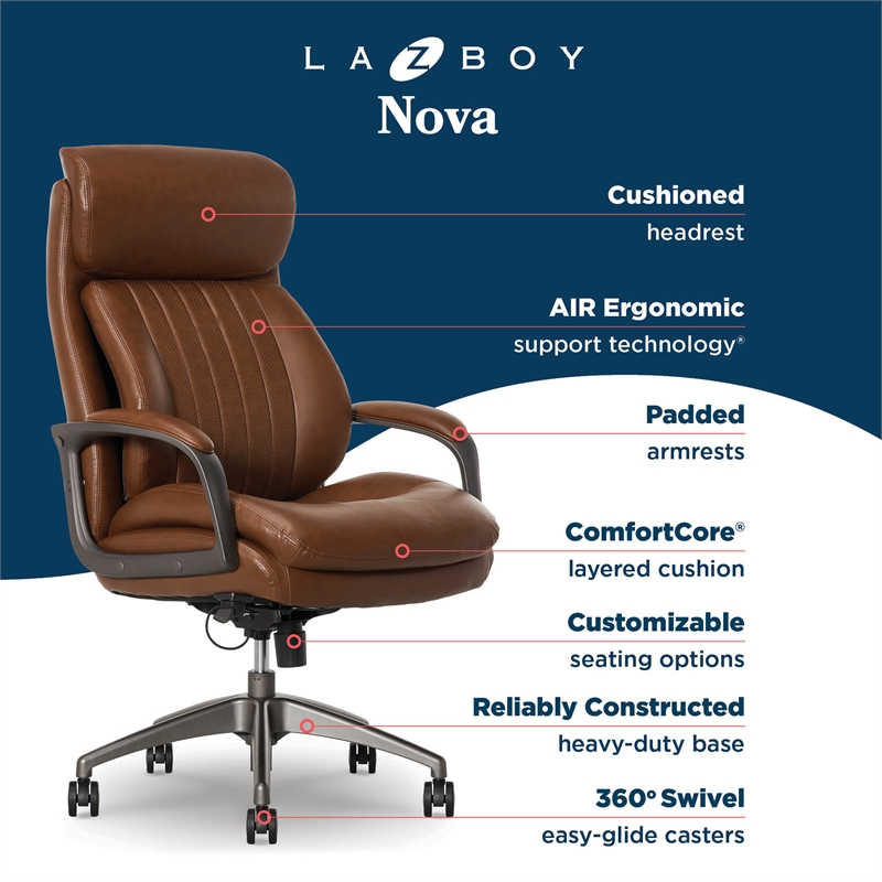 La-Z-Boy Nova Modern Executive Office Chair Vegan PU Leather in Cognac Brown