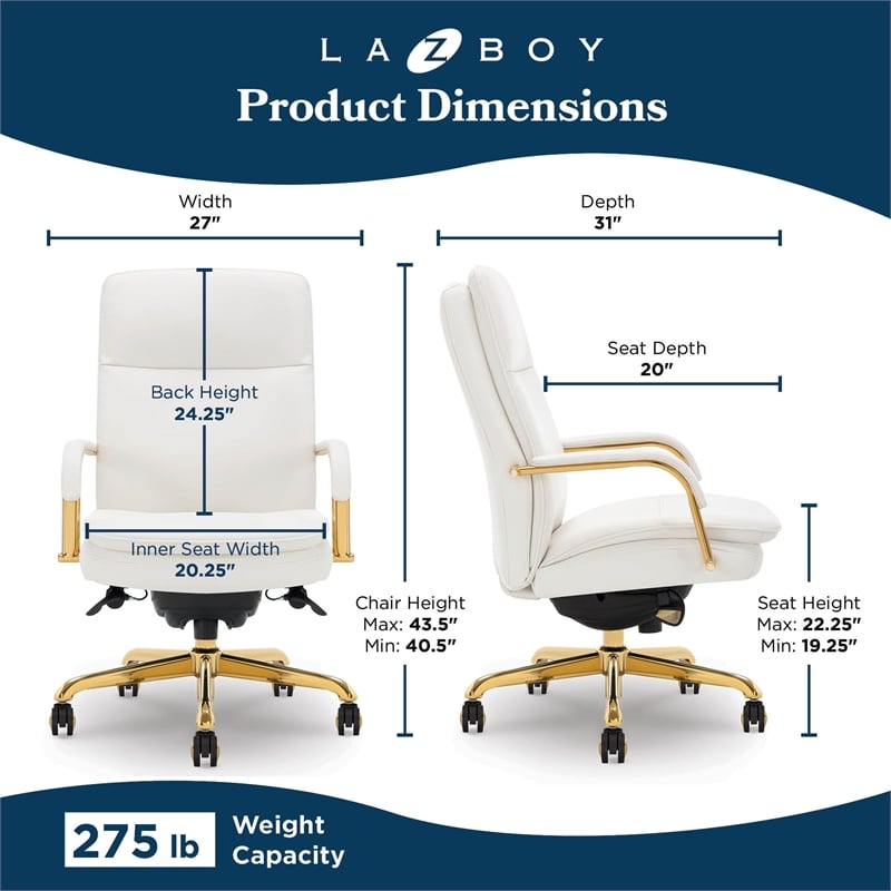 La-Z-Boy Opus Executive Mid-Back Office Chair Bonded Leather White and Gold