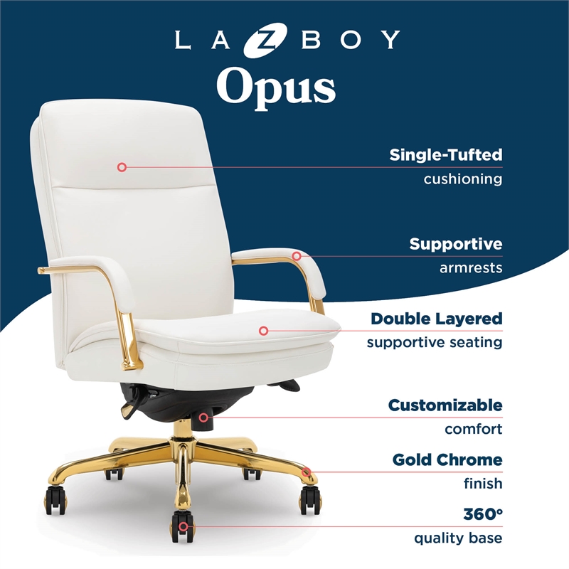 La-Z-Boy Opus Executive Mid-Back Office Chair Bonded Leather White and Gold