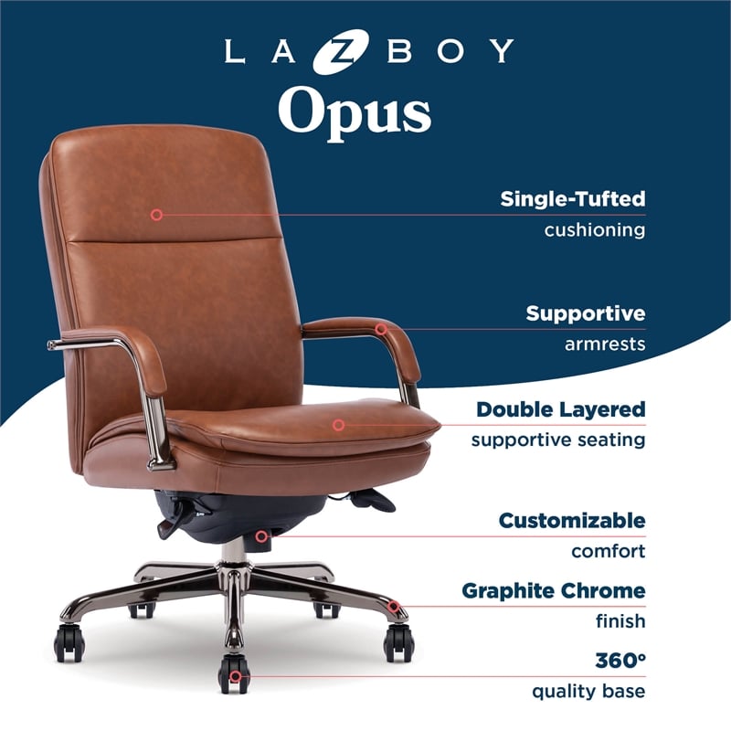 La-Z-Boy Opus Executive Mid-Back Office Chair Bonded Leather Cognac and Graphite