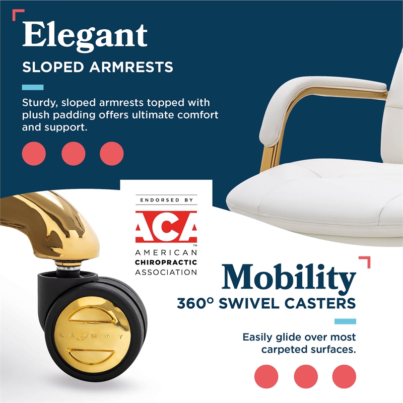 La-Z-Boy Sonata Executive MidBack Office Chair Bonded Leather White and Gold