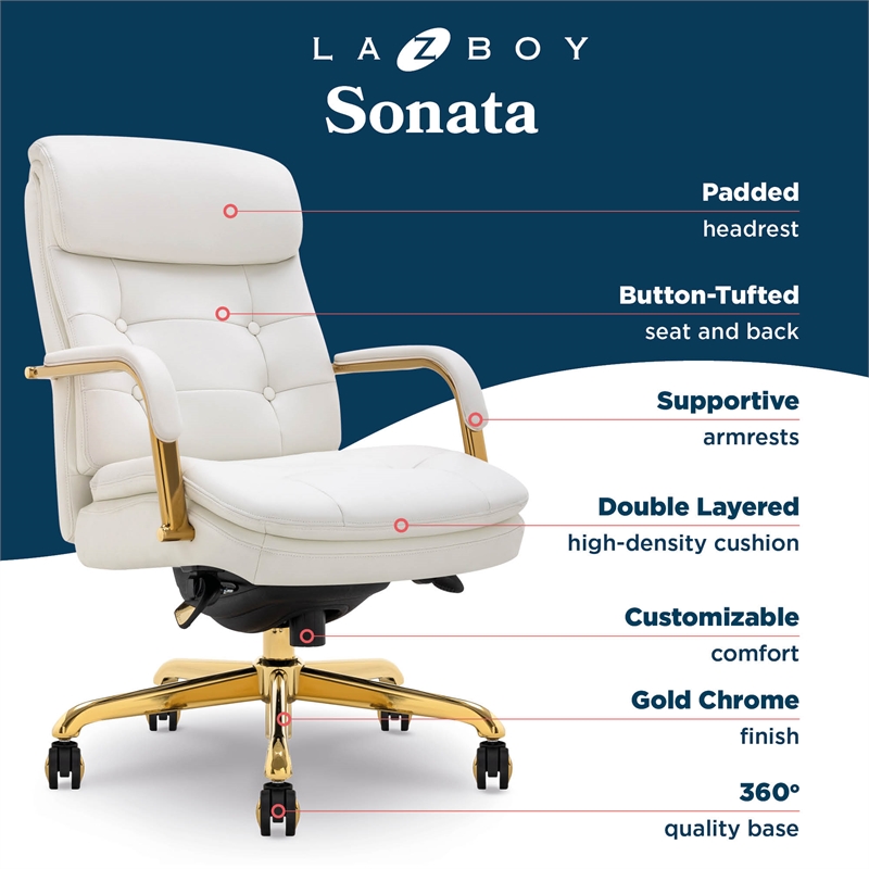 La-Z-Boy Sonata Executive MidBack Office Chair Bonded Leather White and Gold