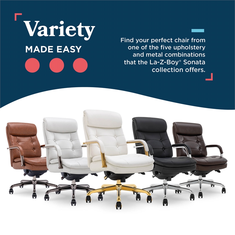 La-Z-Boy Sonata Executive MidBack Office Chair Bonded Leather White and Gold