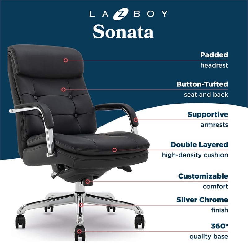 La-Z-Boy Sonata Executive MidBack Office Chair Bonded Leather Black and Chrome