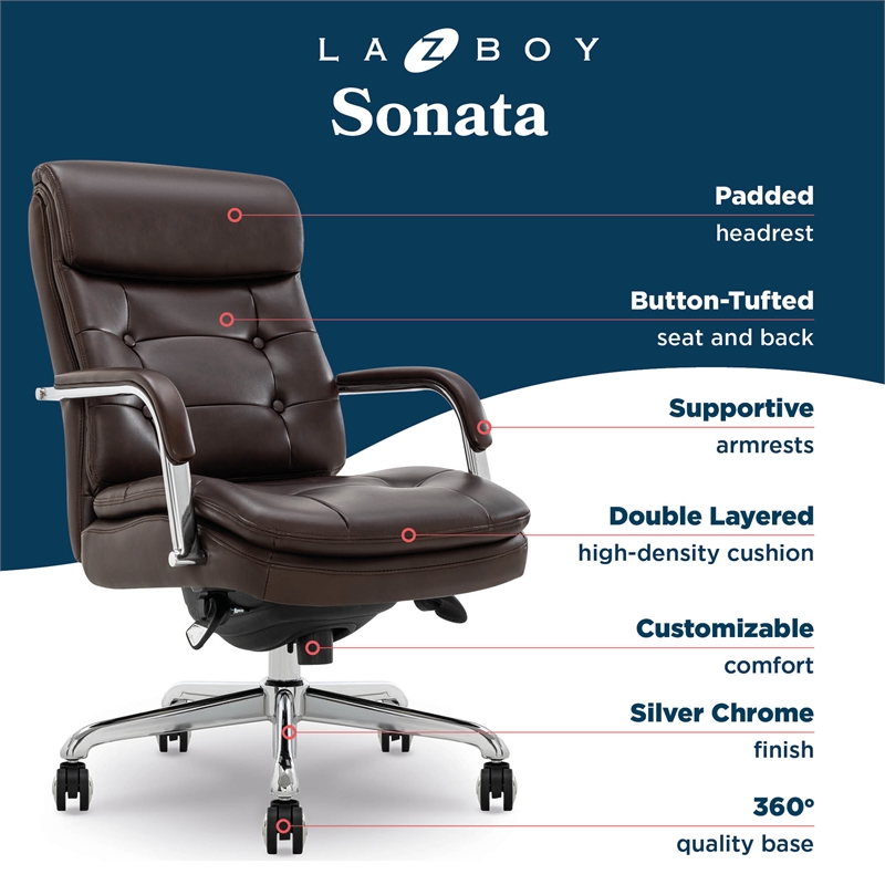 La-Z-Boy Sonata Executive MidBack Office Chair Bonded Leather Brown and Chrome