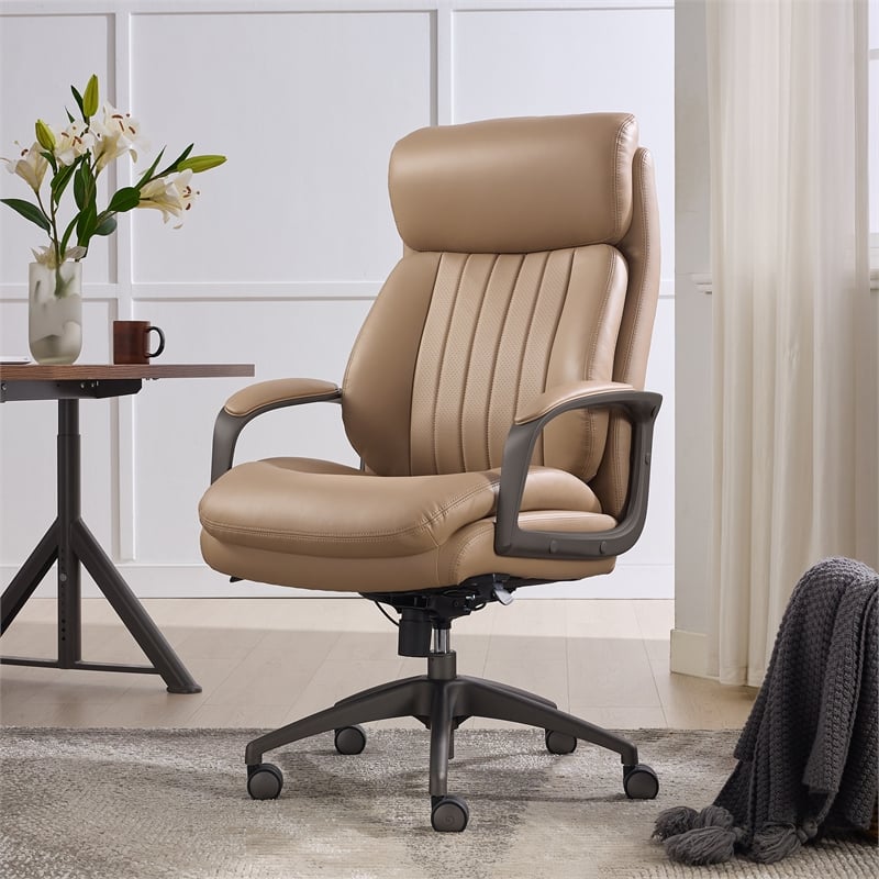 La-Z-Boy Nova High Back Modern Executive Office Chair Vegan PU Leather Light Tan