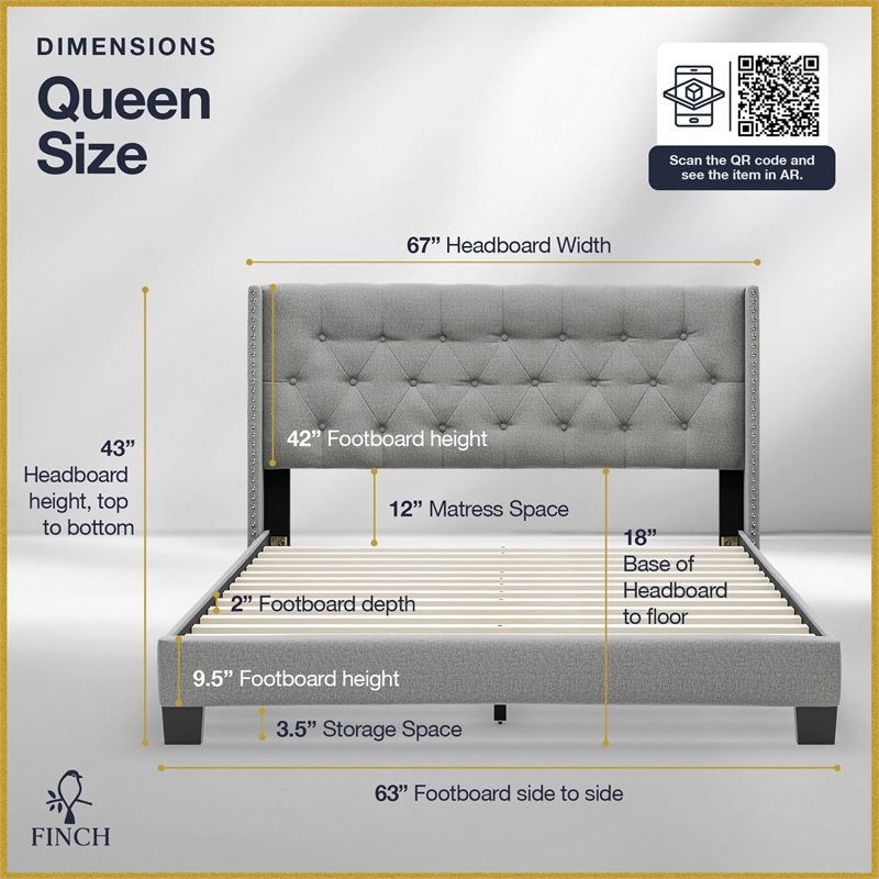 Finch Adler Upholstered Bed Queen Size Grey