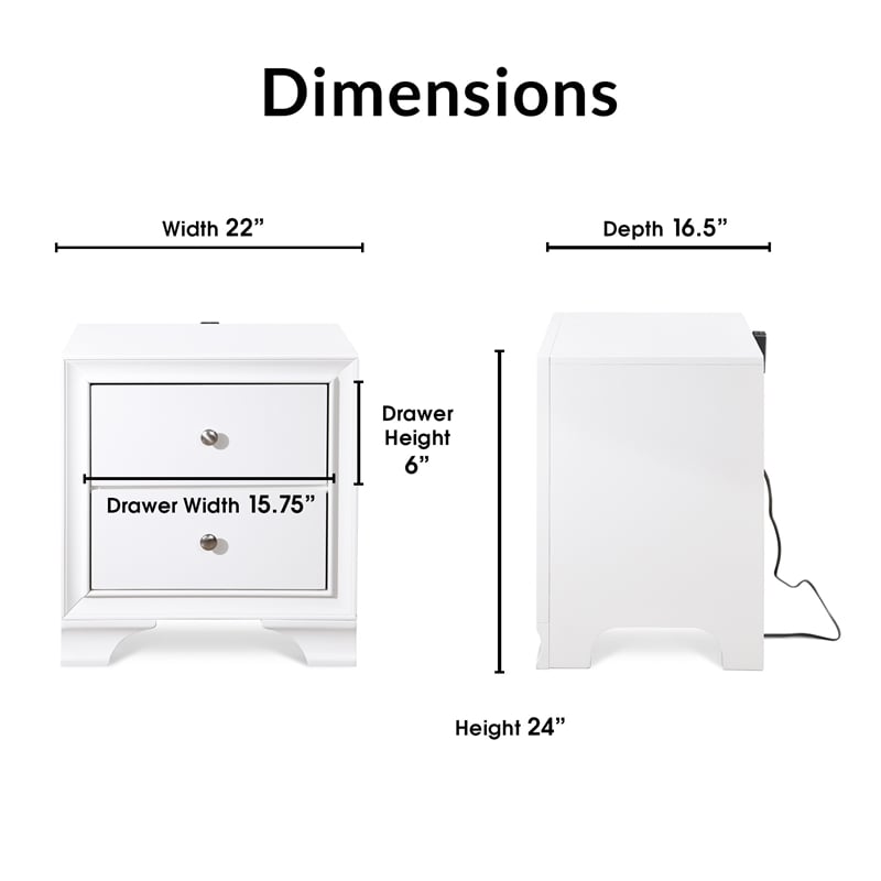 ClickDecor Edmond 2 Drawer Nightstand with USB White