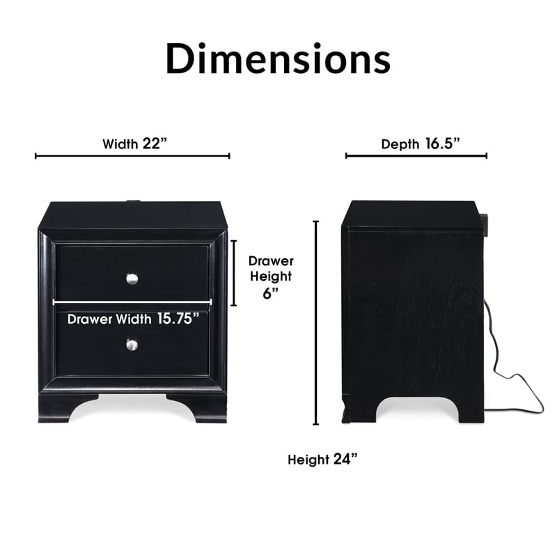 ClickDecor Edmond 2 Drawer Nightstand with USB Black