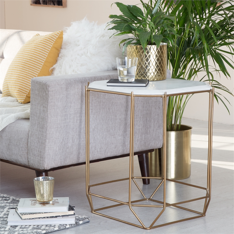 Finch Colton Solid Marble Top Accent Table with Gold Metal Base White Gold
