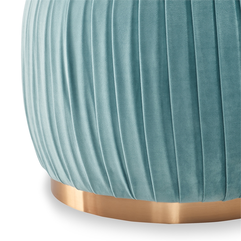 Adore Decor Jolie Modern Pleated Velvet Ottoman in Teal Blue