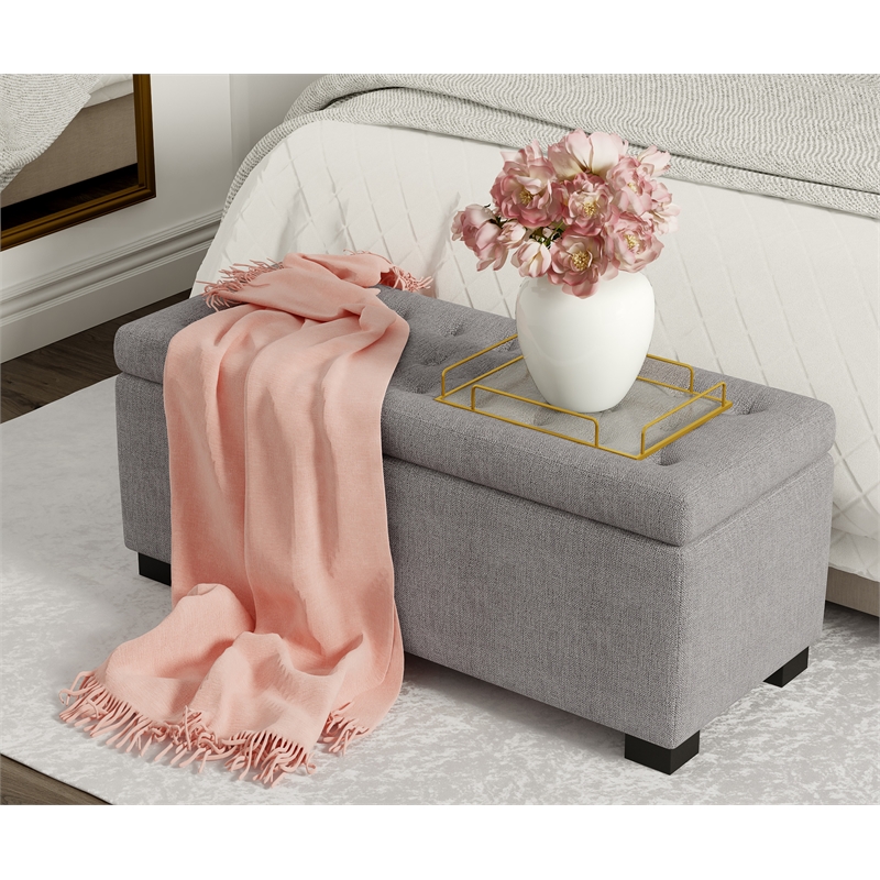 Adore Decor Arlo Wood and Tufted Linen Storage Bench in Gray