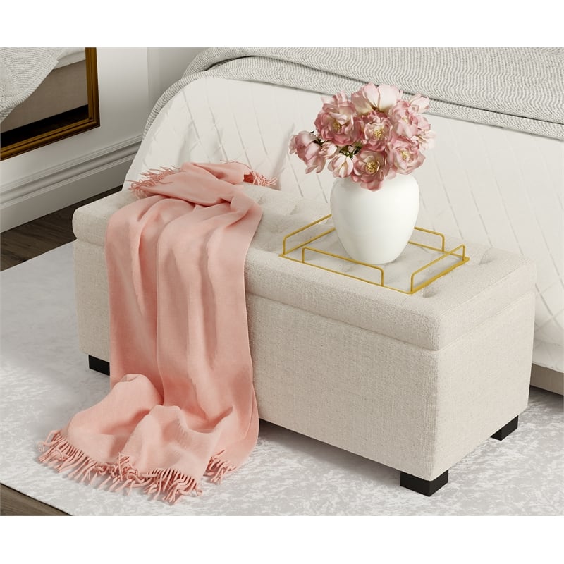 Adore Decor Arlo Wood and Tufted Linen Storage Bench in Ivory
