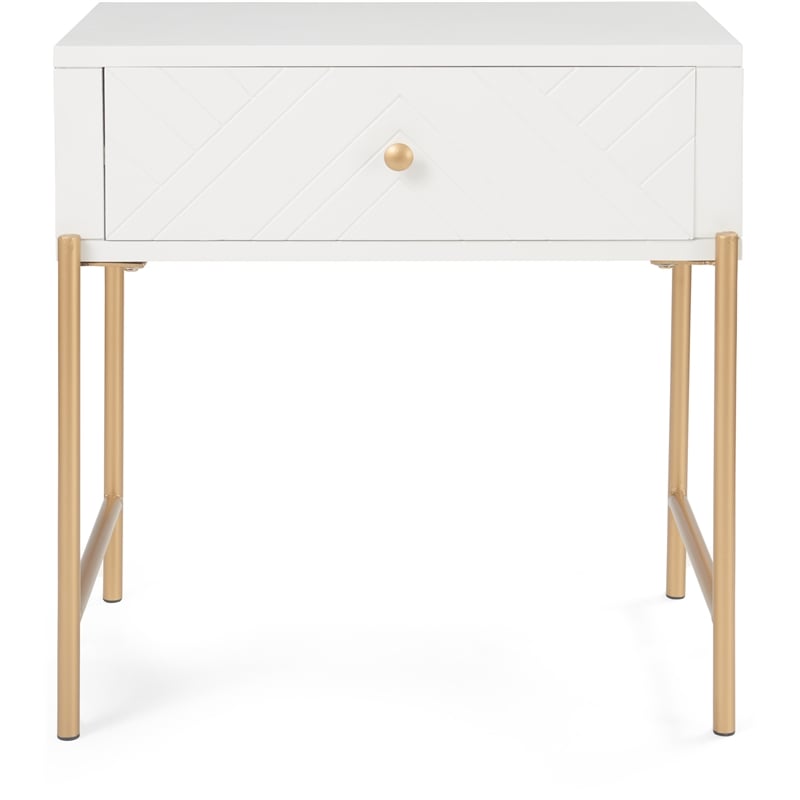 Adore Decor Jupiter Wood 1-Drawer Geometric Textured End Table in White/Gold