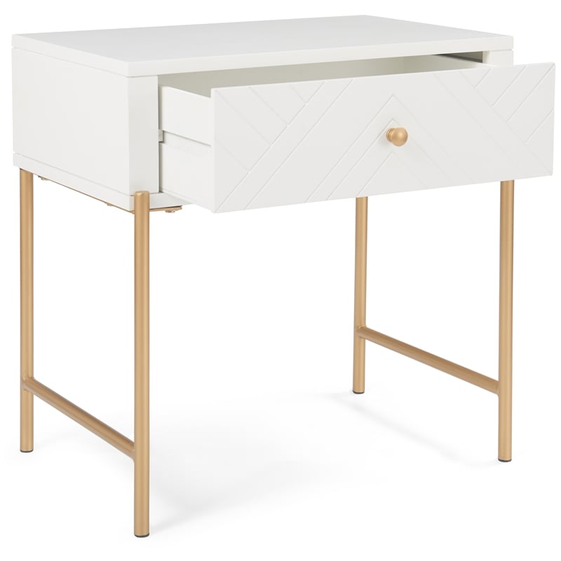 Adore Decor Jupiter Wood 1-Drawer Geometric Textured End Table in White/Gold