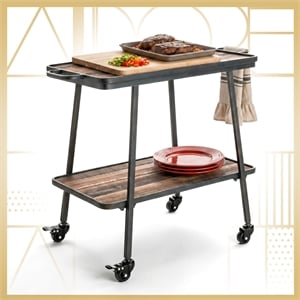 Adore Decor Felix 2 Tier Kitchen Bar Cart Rustic Wood and Metal Black Color