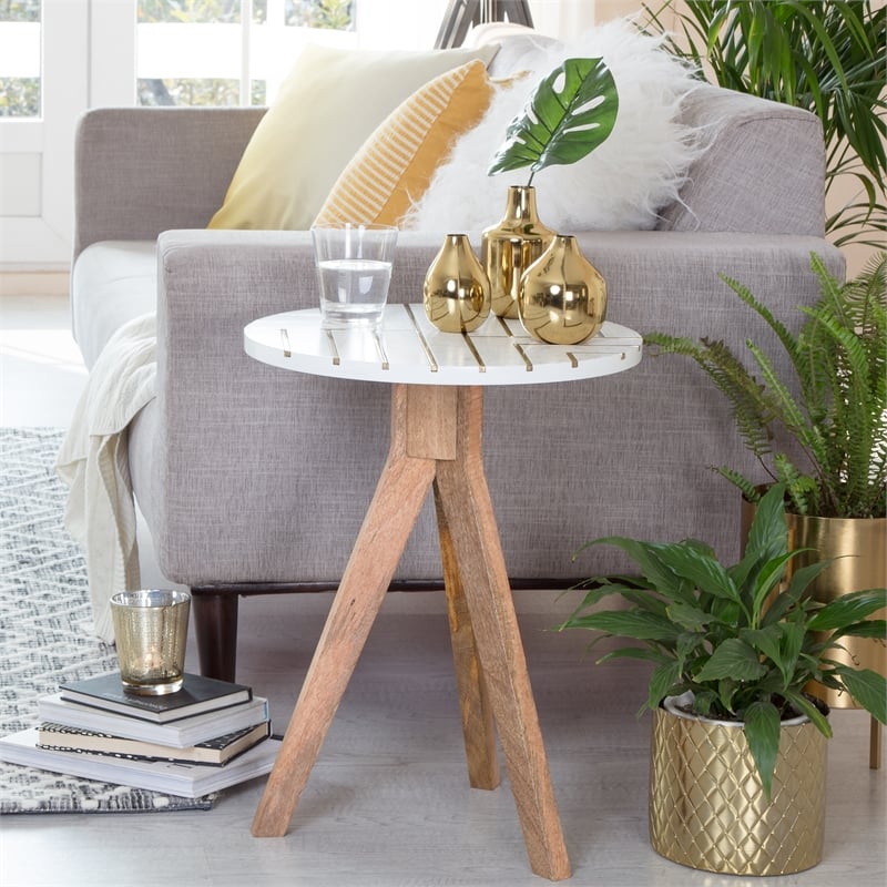 Adore Decor Amari Round Side Table with Brass Inlay Top White
