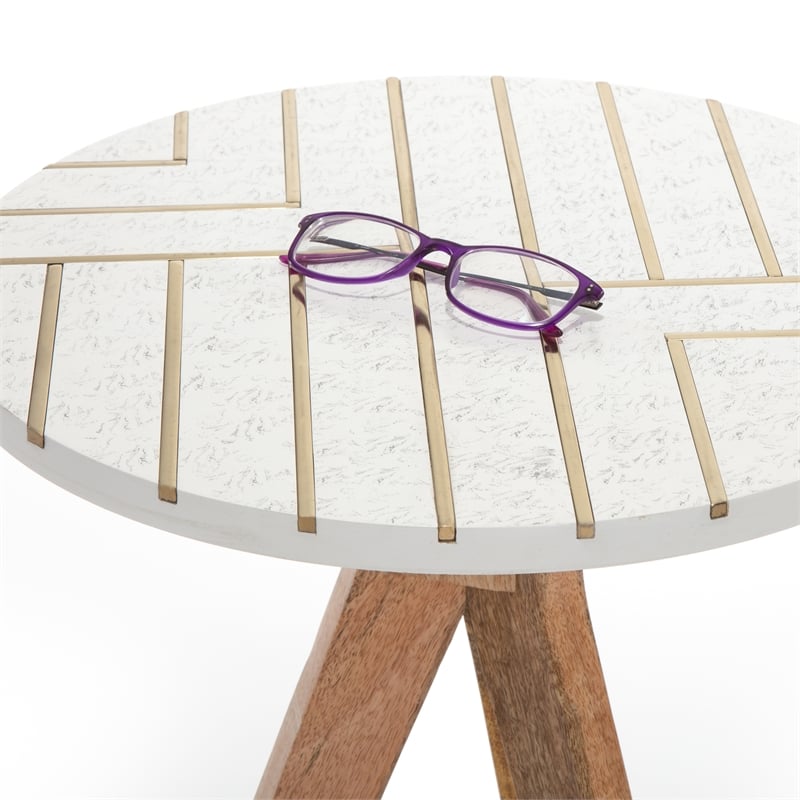 Adore Decor Amari Round Side Table with Brass Inlay Top White
