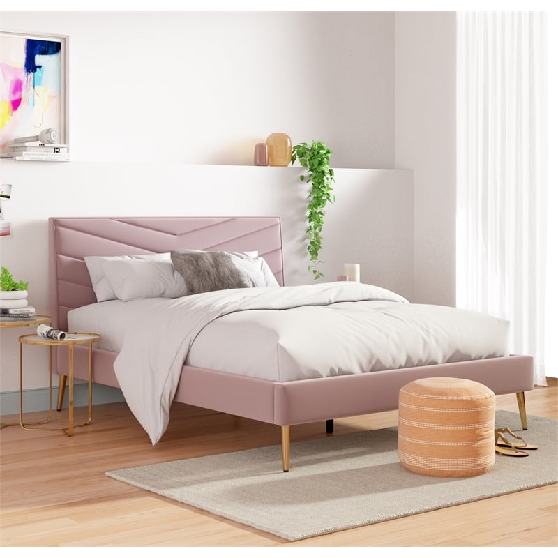 Adore Decor Sidney Upholstered Platform Bed Queen Size Blush Pink