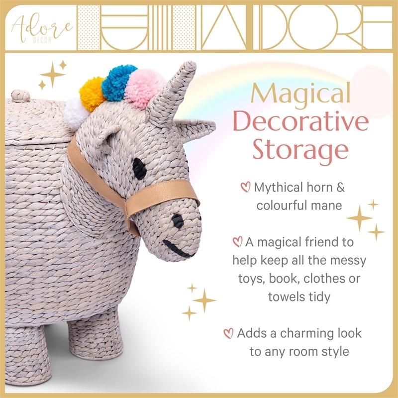 Adore Decor Unicorn Water Hyacinth Laundry Hamper Light Gray